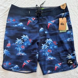 Quiksilver “SurfSilk” Navy Blue Tropical Flag-Accent Boardshorts